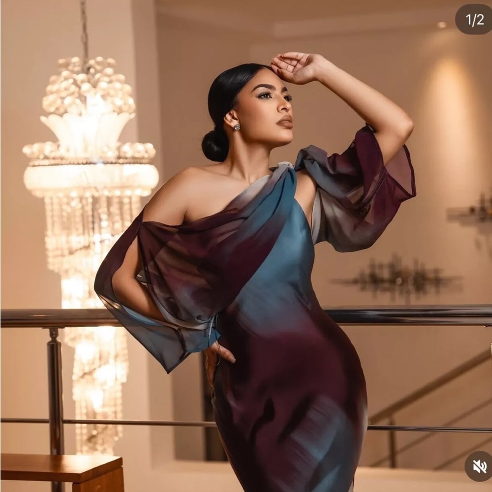 ZARA ASYMMETRIC CAPE PRINTED SATIN DRESS